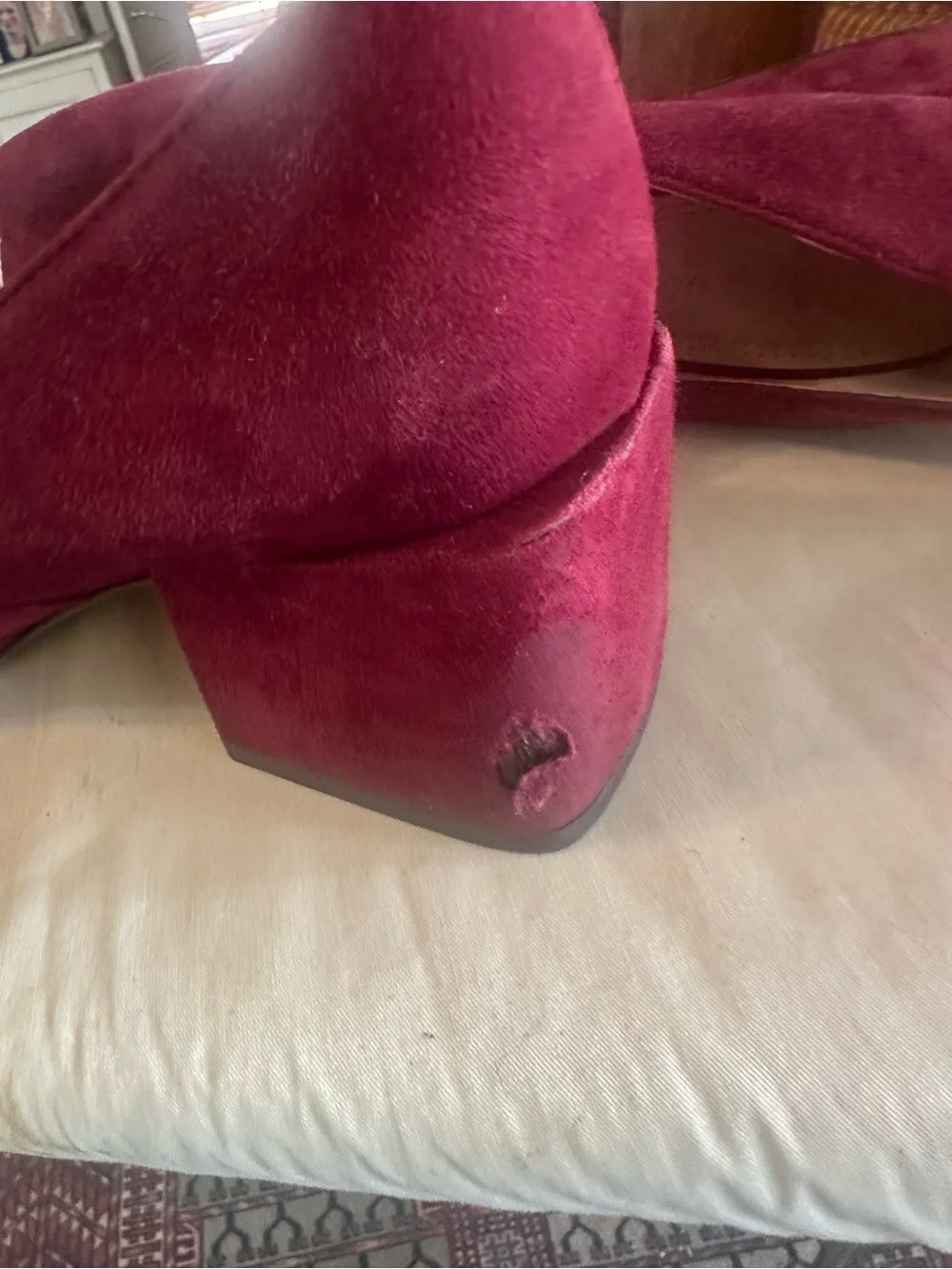 Tory Burch Burgundy Velvet Block Heel Loafers with Gold Accent